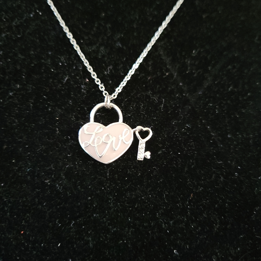 Silvertone Heart Love Pendant with a Hanging Key